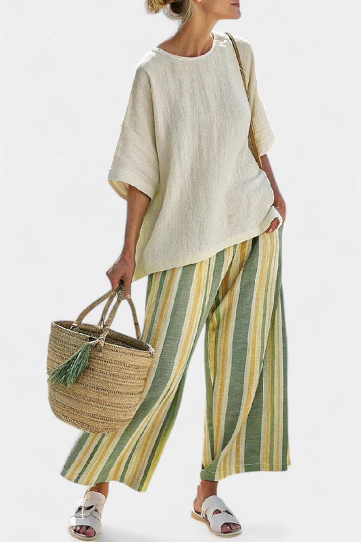 Veronica – sophisticated top and striped linen pants