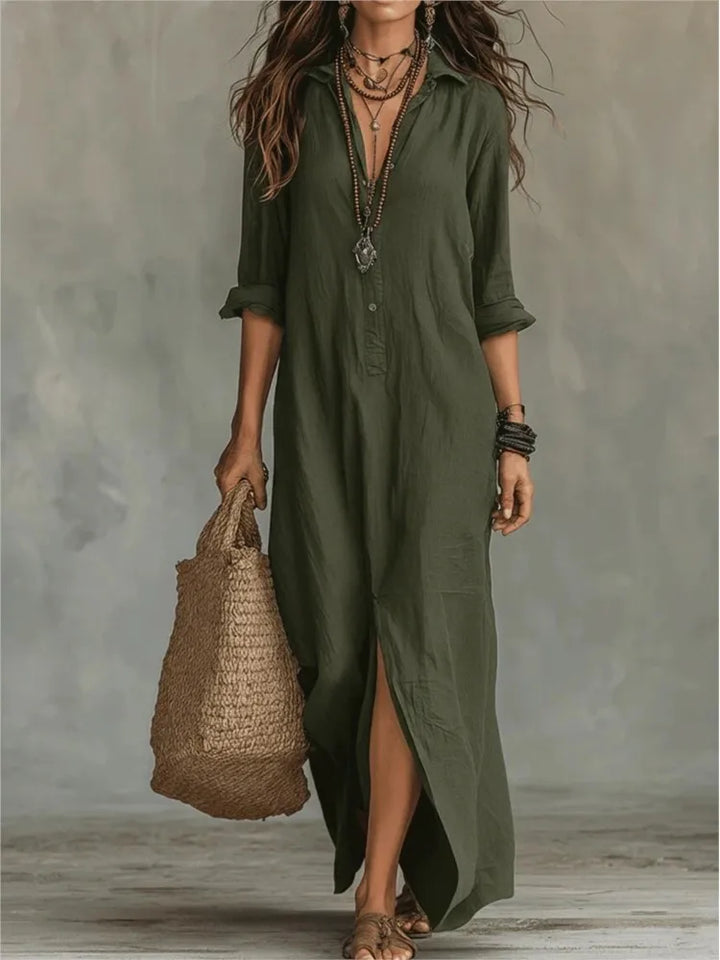 Women's Linen Maxi Shirt Dress Loose Fit Long Sleeve