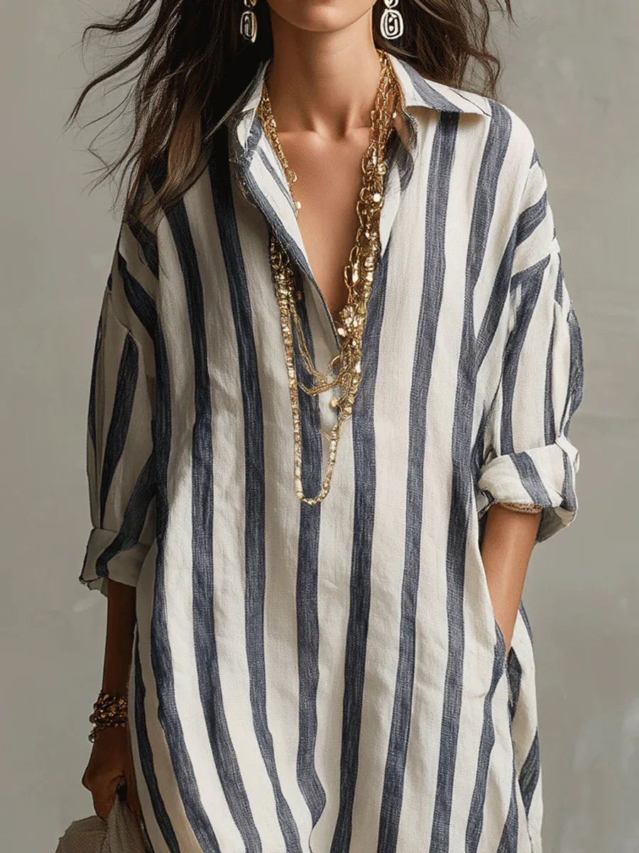 Women's Striped Linen Shirt Dress Loose Fit Long Sleeve