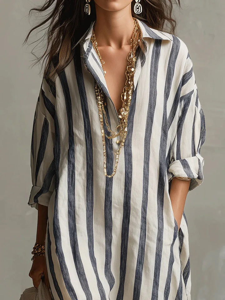 Women's Striped Linen Shirt Dress Loose Fit Long Sleeve