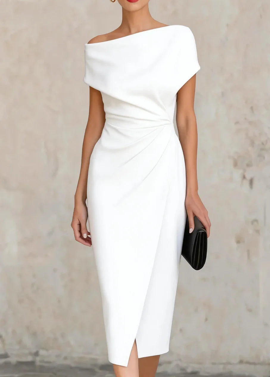 Women's Asymmetric Off-Shoulder Pleated Waist Midi Dress