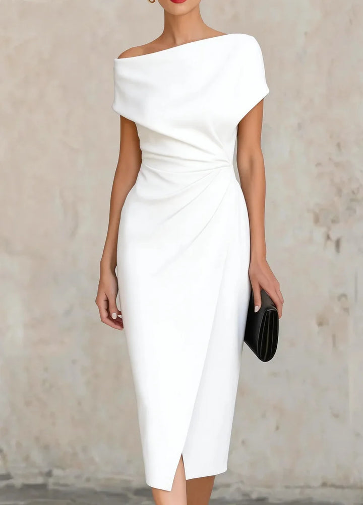Women's Asymmetric Off-Shoulder Pleated Waist Midi Dress