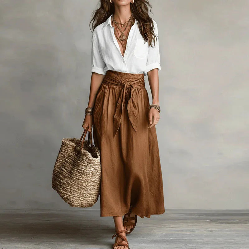 Women's Linen Co-Ord Set Button Blouse Tie Waist Skirt