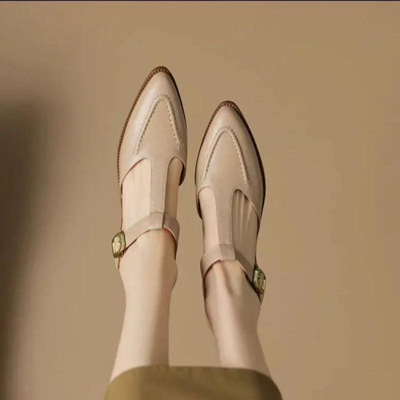 Sloane | Women's T-Strap Buckle Shoes Pointed Toe Low Heel Flats