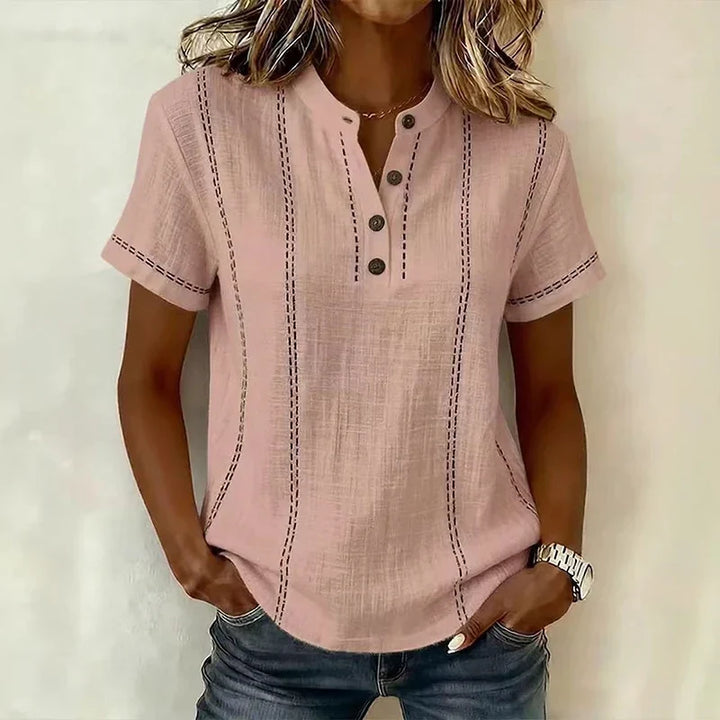 Women's Textured Stripe V-Neck Button Blouse