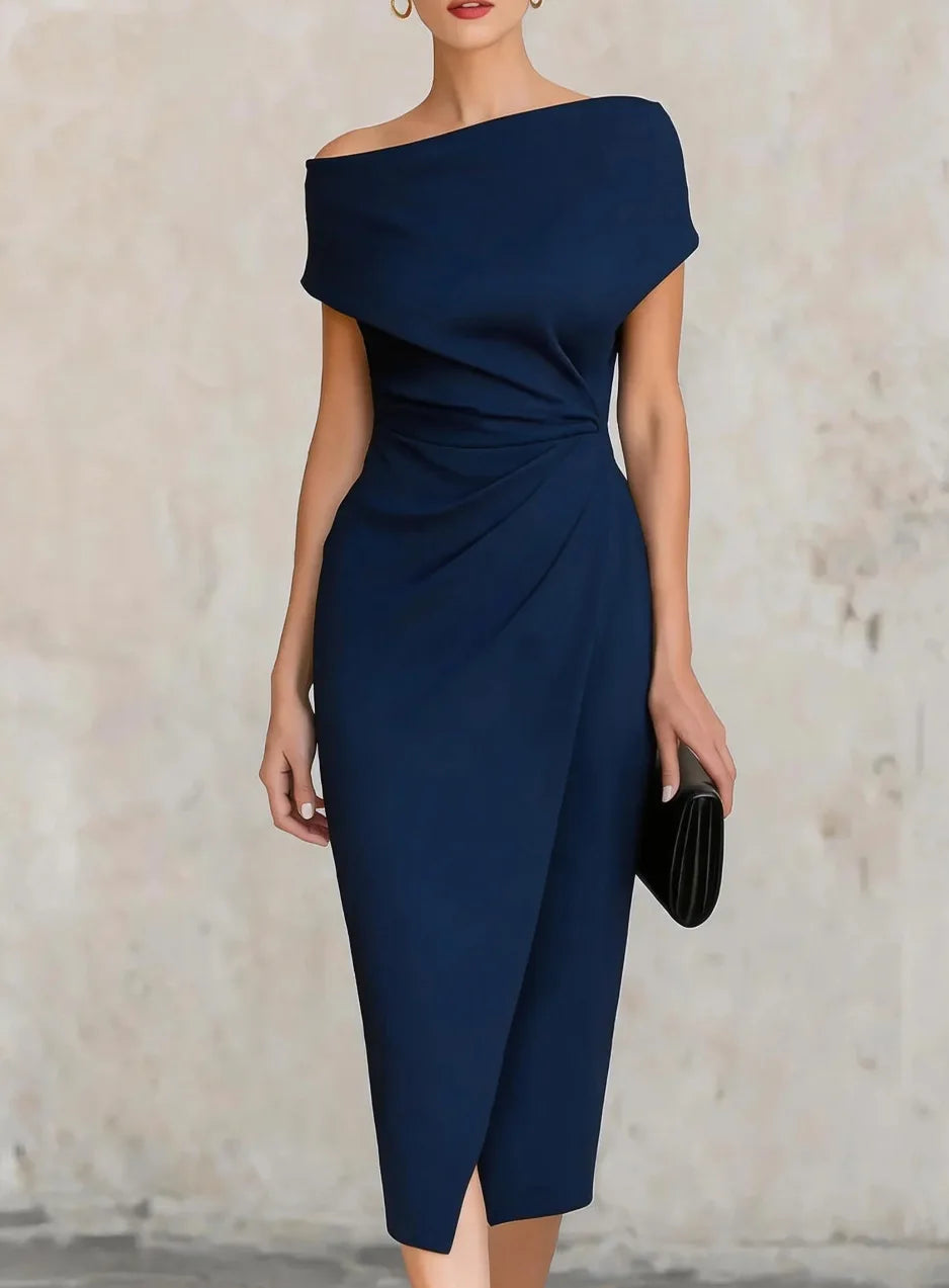 Women's Asymmetric Off-Shoulder Pleated Waist Midi Dress