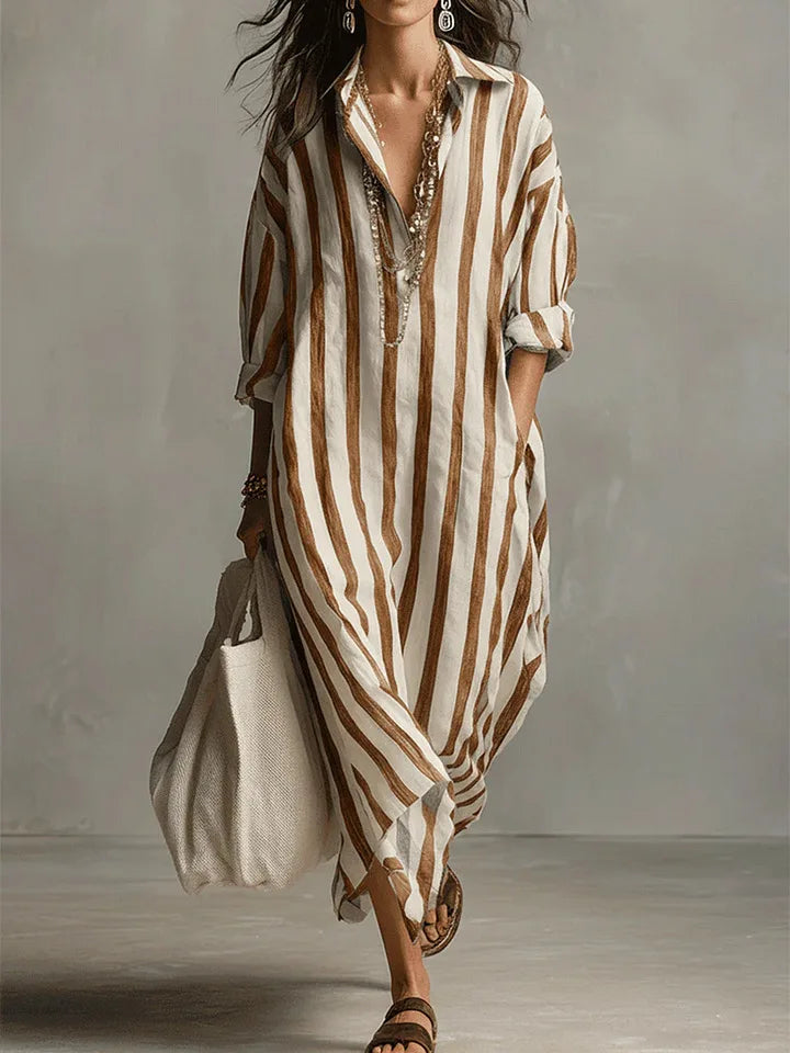 Women's Striped Linen Shirt Dress Loose Fit Long Sleeve
