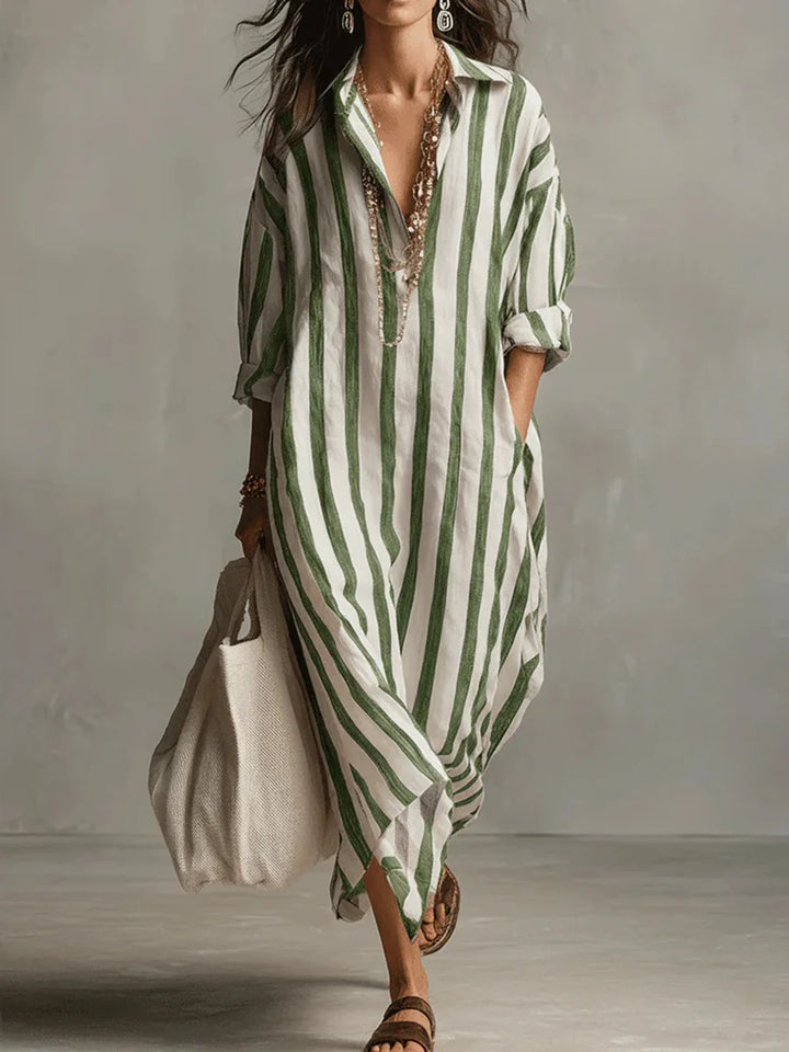 Women's Striped Linen Shirt Dress Loose Fit Long Sleeve