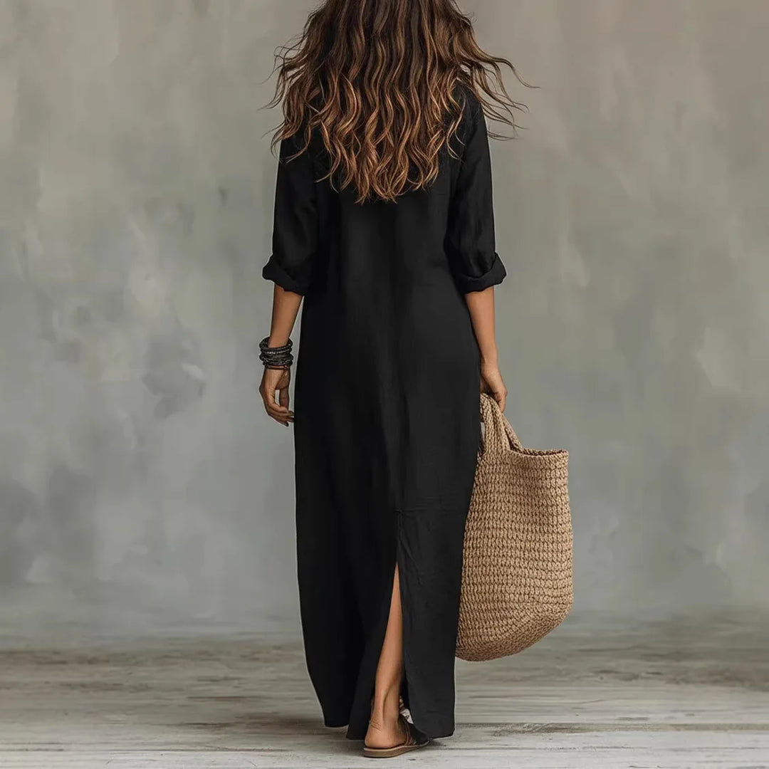 Women's Linen Maxi Shirt Dress Loose Fit Long Sleeve