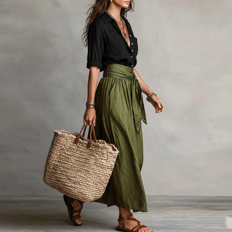 Women's Linen Co-Ord Set Button Blouse Tie Waist Skirt