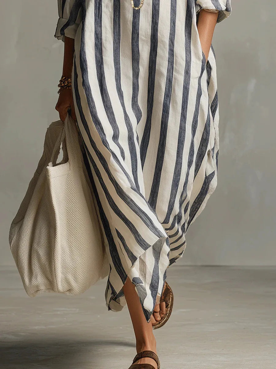 Women's Striped Linen Shirt Dress Loose Fit Long Sleeve