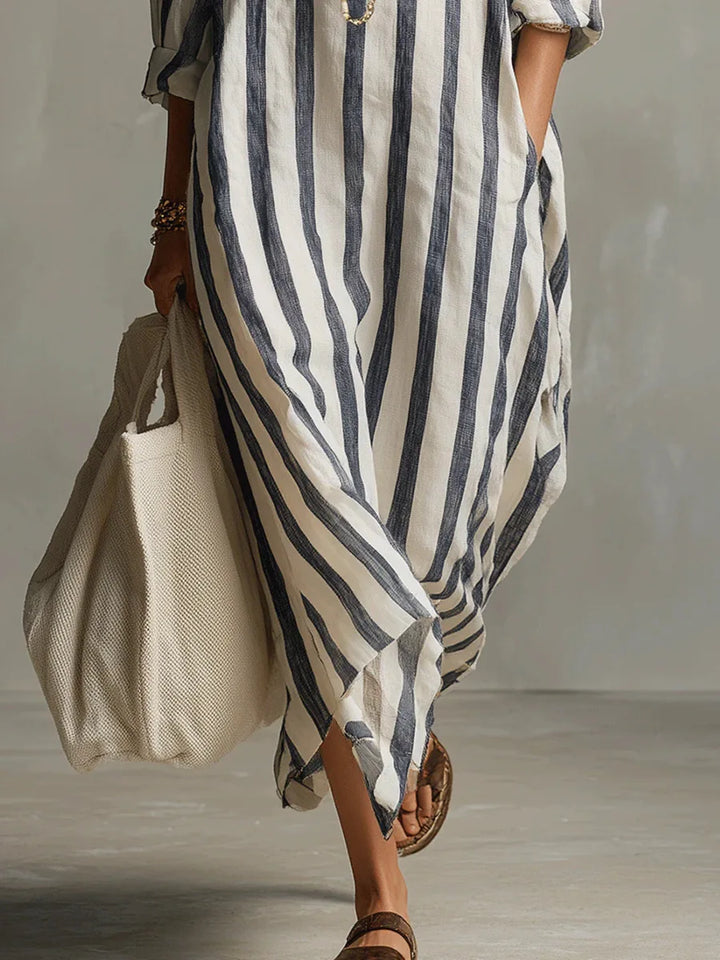 Women's Striped Linen Shirt Dress Loose Fit Long Sleeve