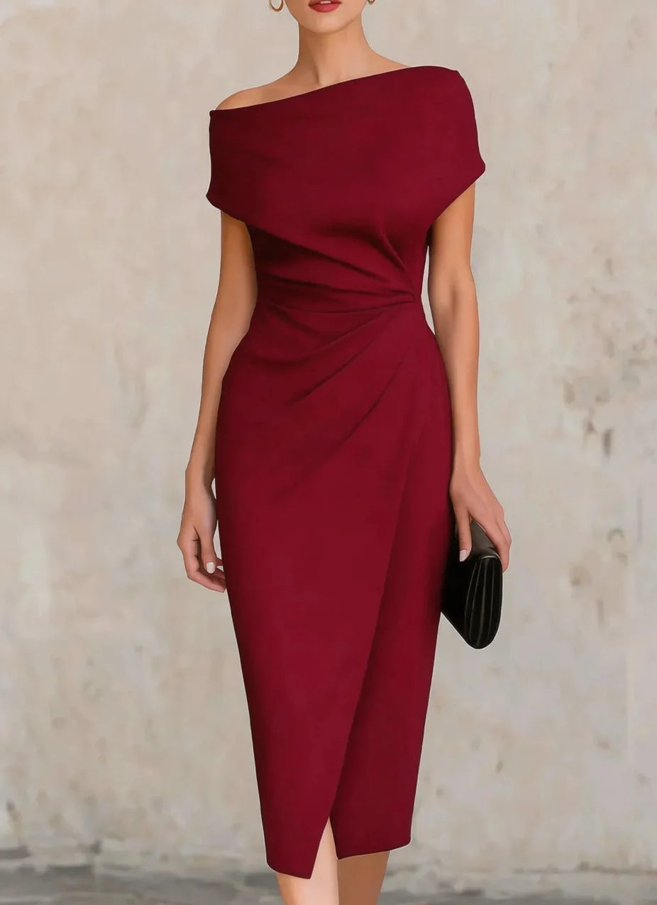 Women's Asymmetric Off-Shoulder Pleated Waist Midi Dress