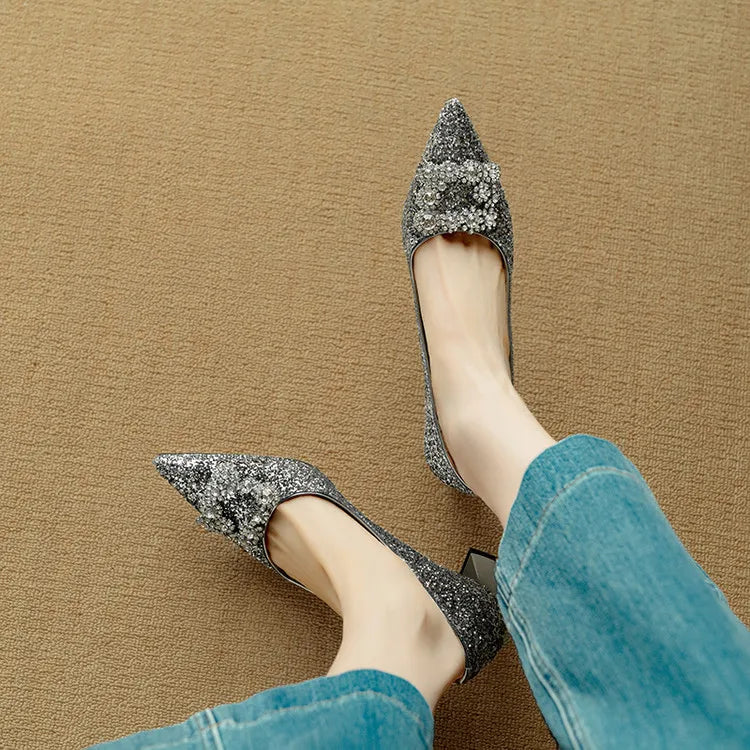 Stella | Women's Glitter Block Heel Pumps Pointed Toe Crystal Buckle