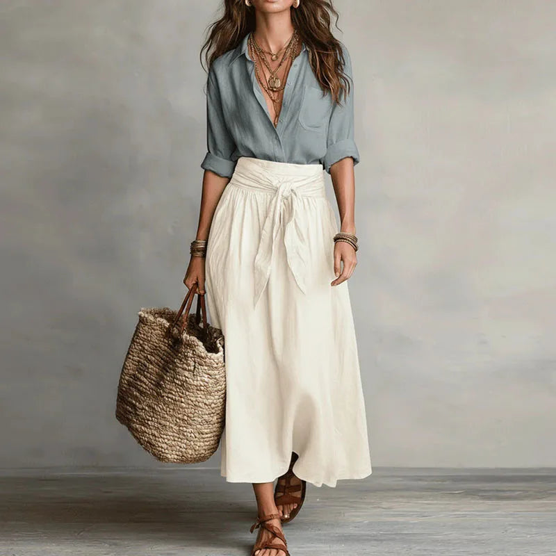 Women's Linen Co-Ord Set Button Blouse Tie Waist Skirt