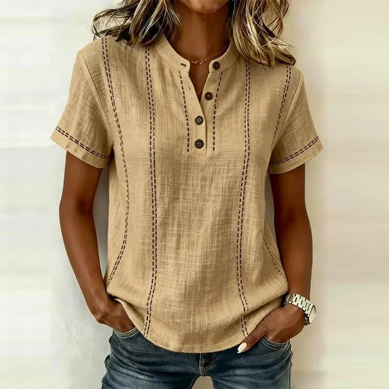 Women's Textured Stripe V-Neck Button Blouse