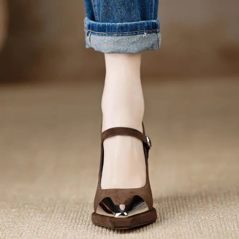 Serena | Women's Mary Jane High Heel Pumps Cap Toe Block Heel Strap