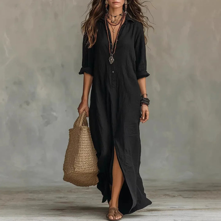 Women's Linen Maxi Shirt Dress Loose Fit Long Sleeve