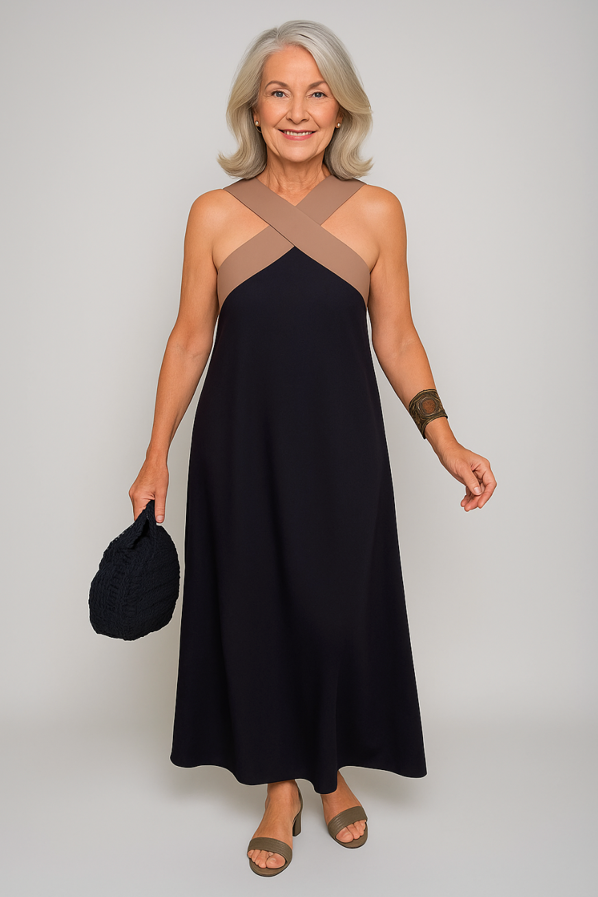 Sue | Elegant Cross-Neck Maxi Dress