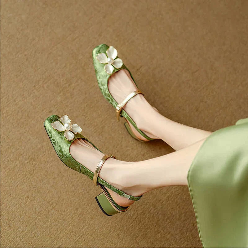 Isabeau | Women's Floral Mary Jane Pumps Block Heel Jacquard Strap