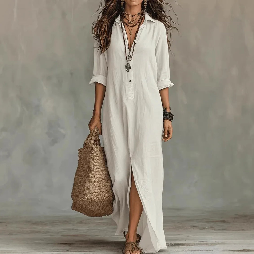 Women's Linen Maxi Shirt Dress Loose Fit Long Sleeve