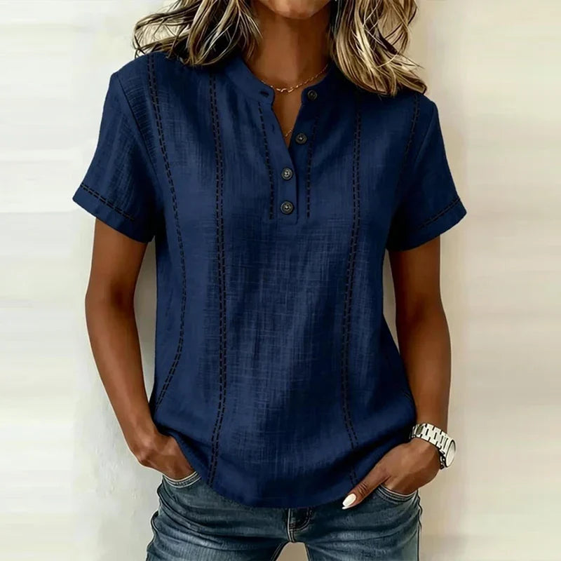 Women's Textured Stripe V-Neck Button Blouse