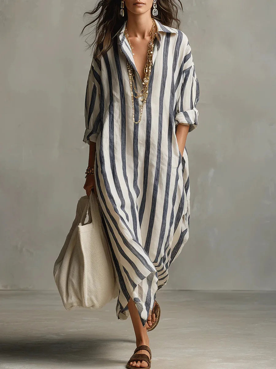 Women's Striped Linen Shirt Dress Loose Fit Long Sleeve