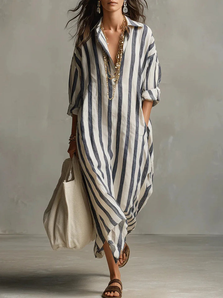 Women's Striped Linen Shirt Dress Loose Fit Long Sleeve