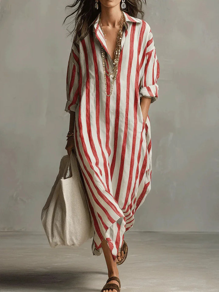 Women's Striped Linen Shirt Dress Loose Fit Long Sleeve
