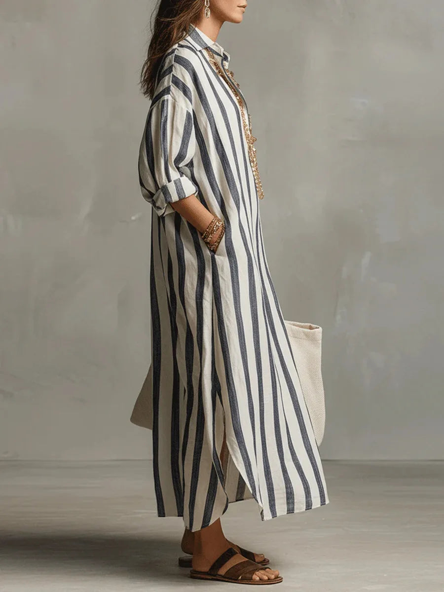 Women's Striped Linen Shirt Dress Loose Fit Long Sleeve