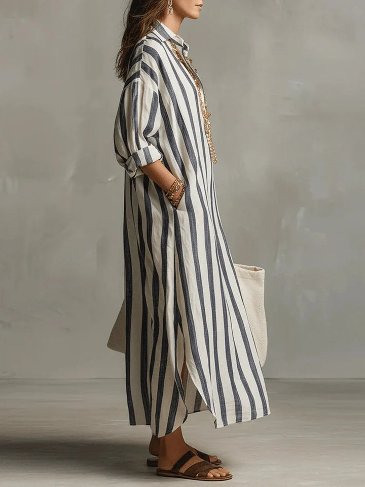 Women's Striped Linen Shirt Dress Loose Fit Long Sleeve