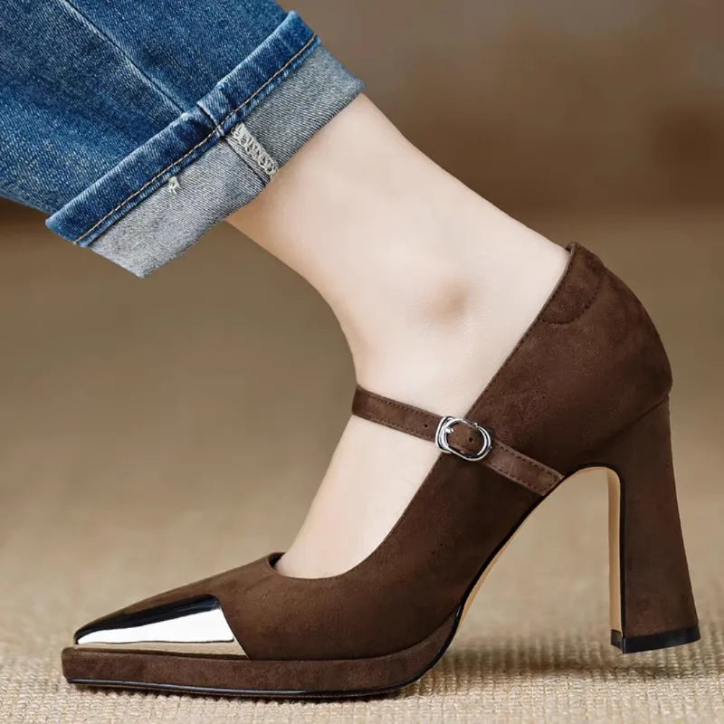 Serena | Women's Mary Jane High Heel Pumps Cap Toe Block Heel Strap