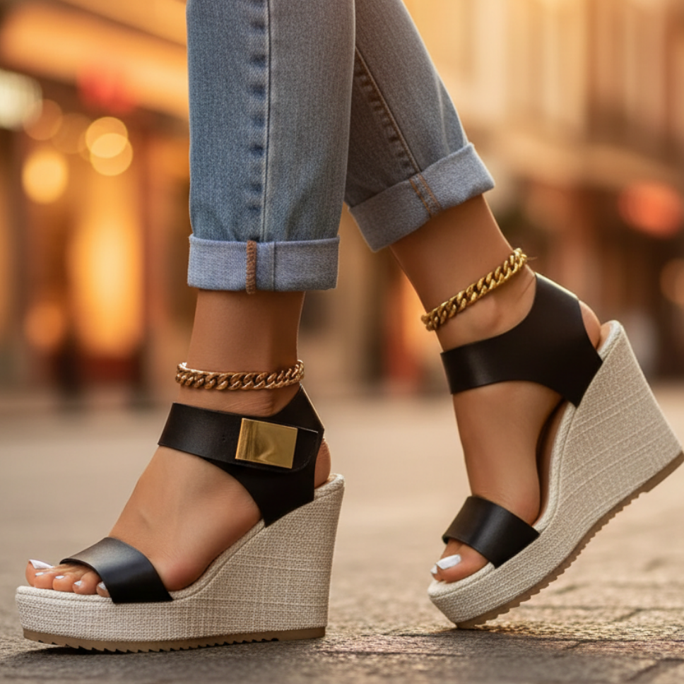 Women's Orthopedic Espadrille Wedge Sandals Gold Buckle