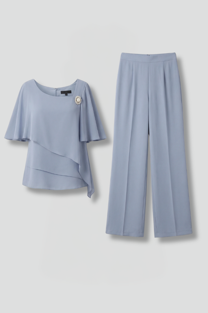 Women's Top and Pants Set with Layered Top and Straight Legs