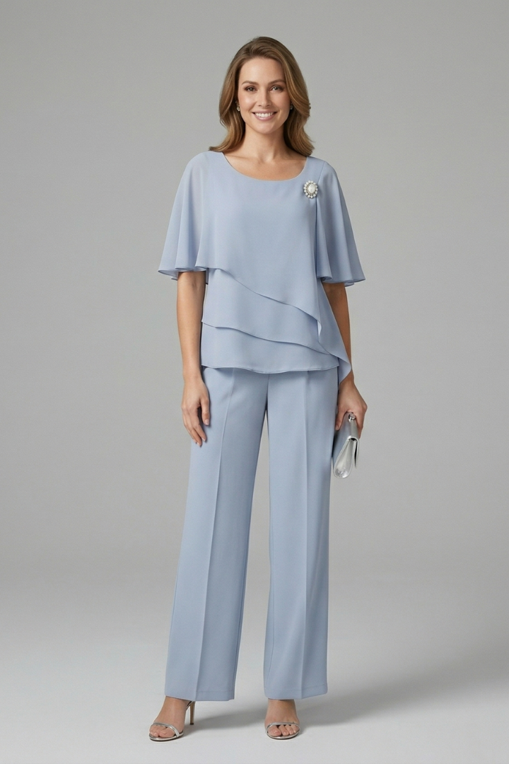 Women's Top and Pants Set with Layered Top and Straight Legs