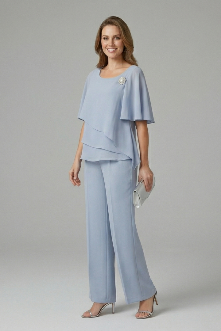 Women's Top and Pants Set with Layered Top and Straight Legs
