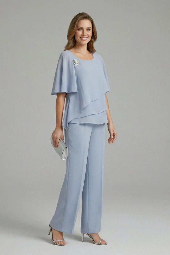 Women's Top and Pants Set with Layered Top and Straight Legs