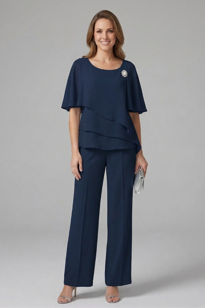 Women's Top and Pants Set with Layered Top and Straight Legs