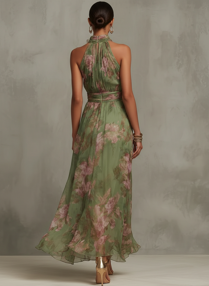 Floral Halter Maxi Dress Sleeveless Flowy Summer