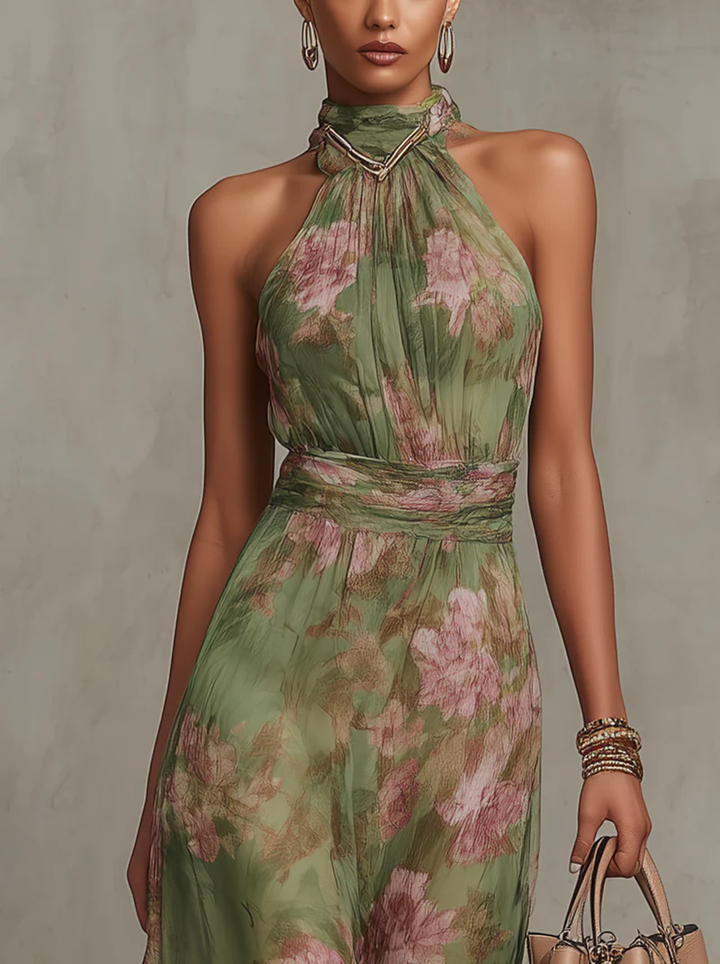 Floral Halter Maxi Dress Sleeveless Flowy Summer