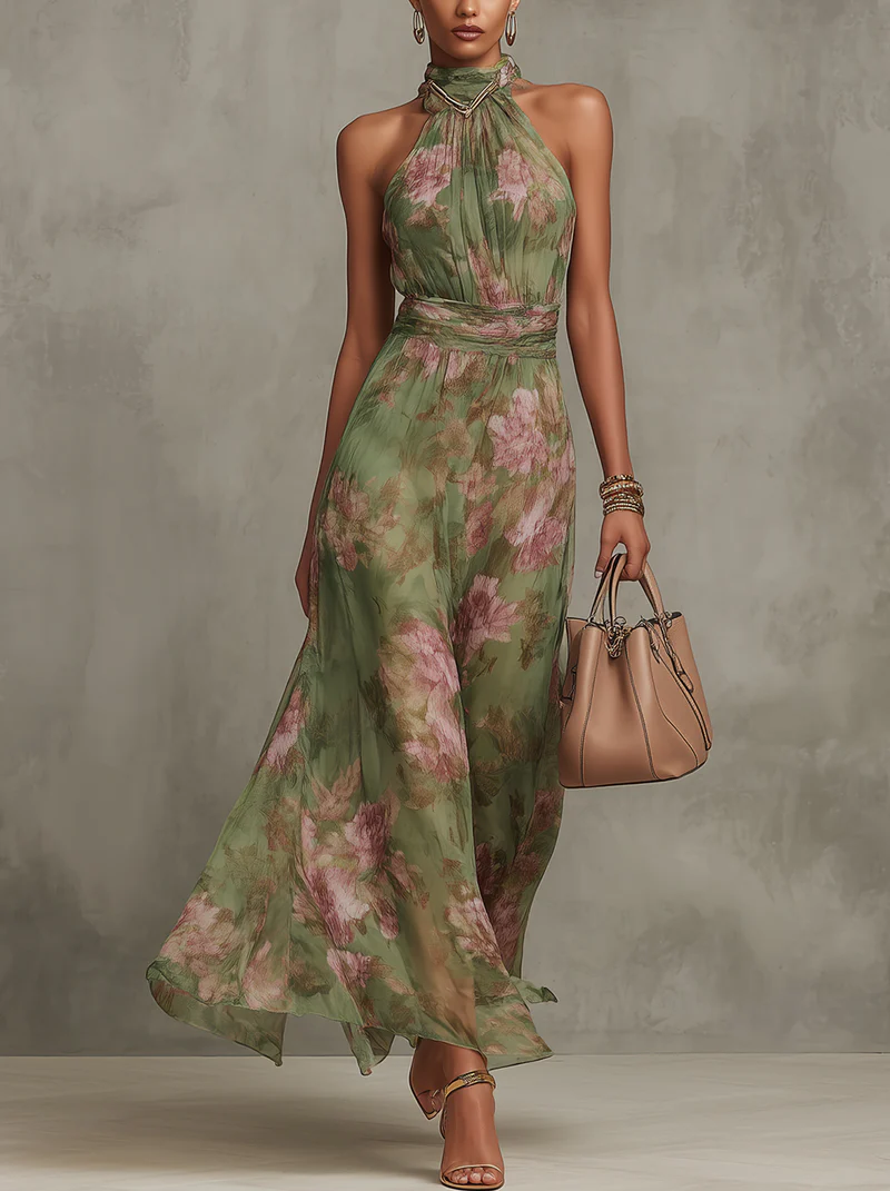 Floral Halter Maxi Dress Sleeveless Flowy Summer