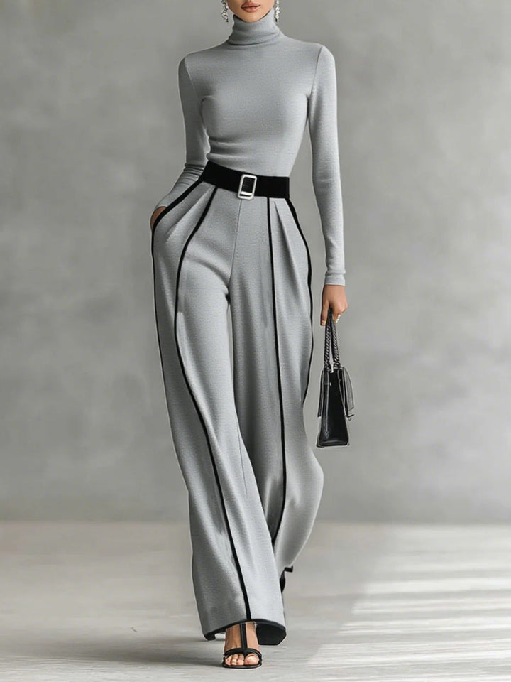 Linda | High-Neck Top & Wide-Leg Pants Set with Belt