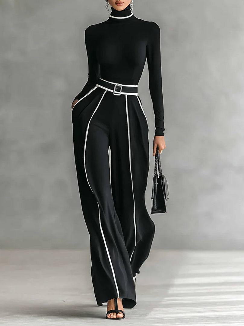 Linda | High-Neck Top & Wide-Leg Pants Set with Belt