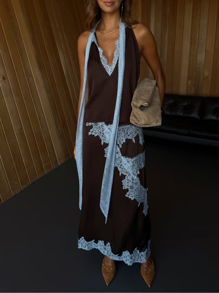 Mabel | Elegant Lace Panel Top & Skirt Set
