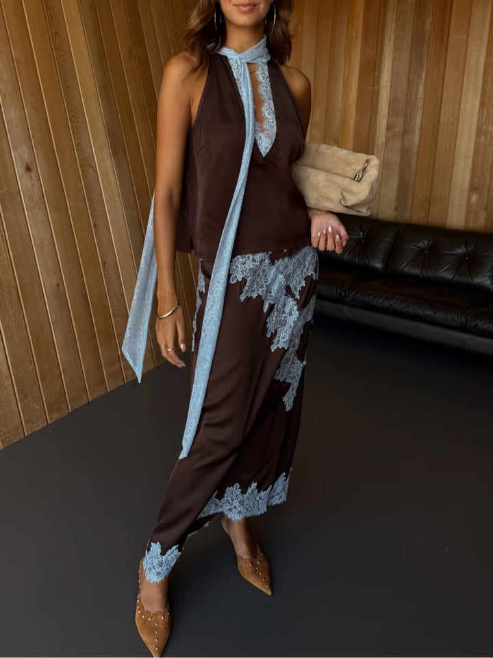 Mabel | Elegant Lace Panel Top & Skirt Set