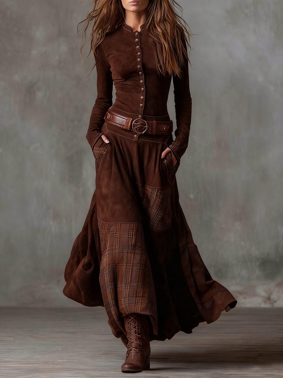 Sarah | Vintage Navy Blue Plaid Suede Maxi Dress (Includes Belt)