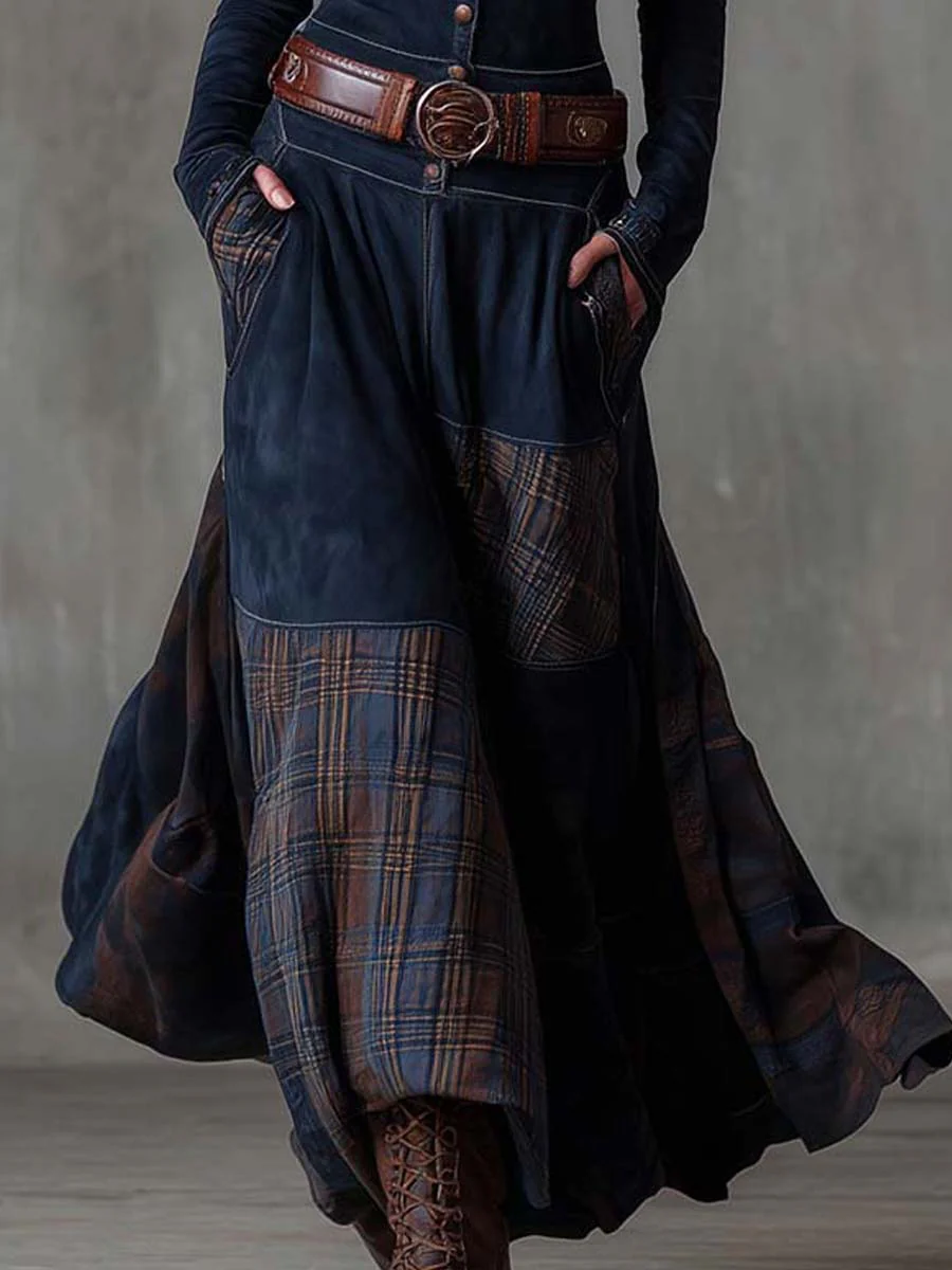 Sarah | Vintage Navy Blue Plaid Suede Maxi Dress (Includes Belt)