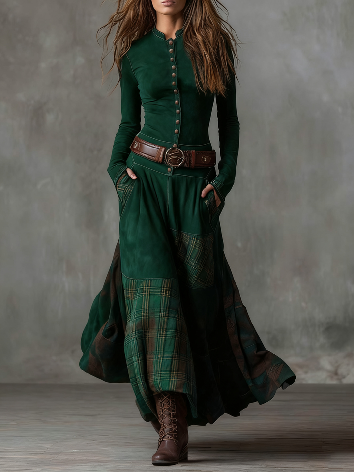 Sarah | Vintage Navy Blue Plaid Suede Maxi Dress (Includes Belt)