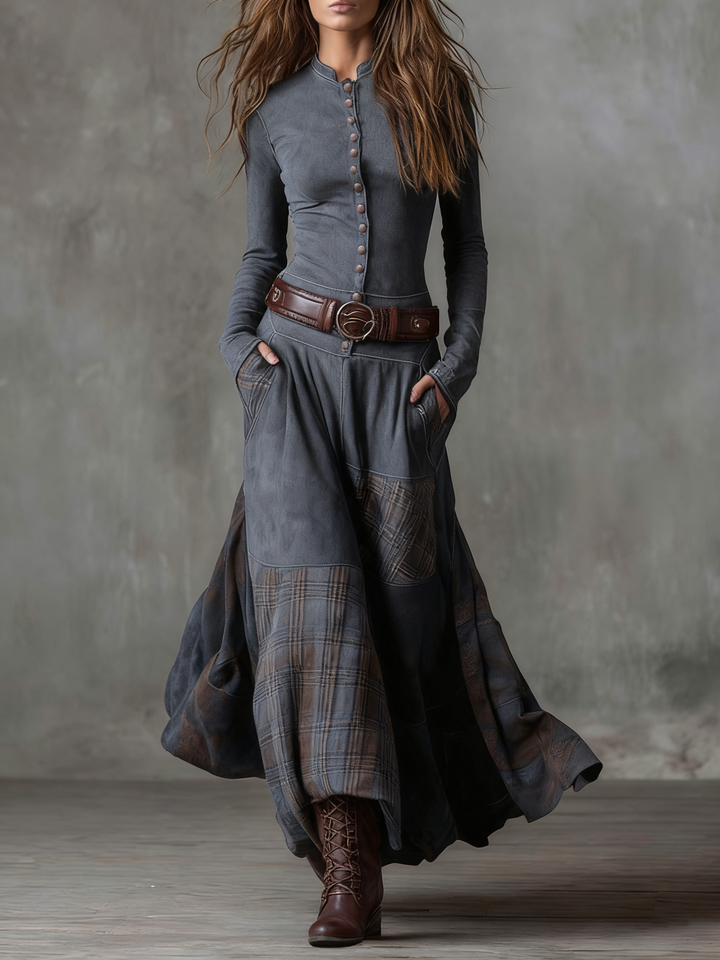 Sarah | Vintage Navy Blue Plaid Suede Maxi Dress (Includes Belt)