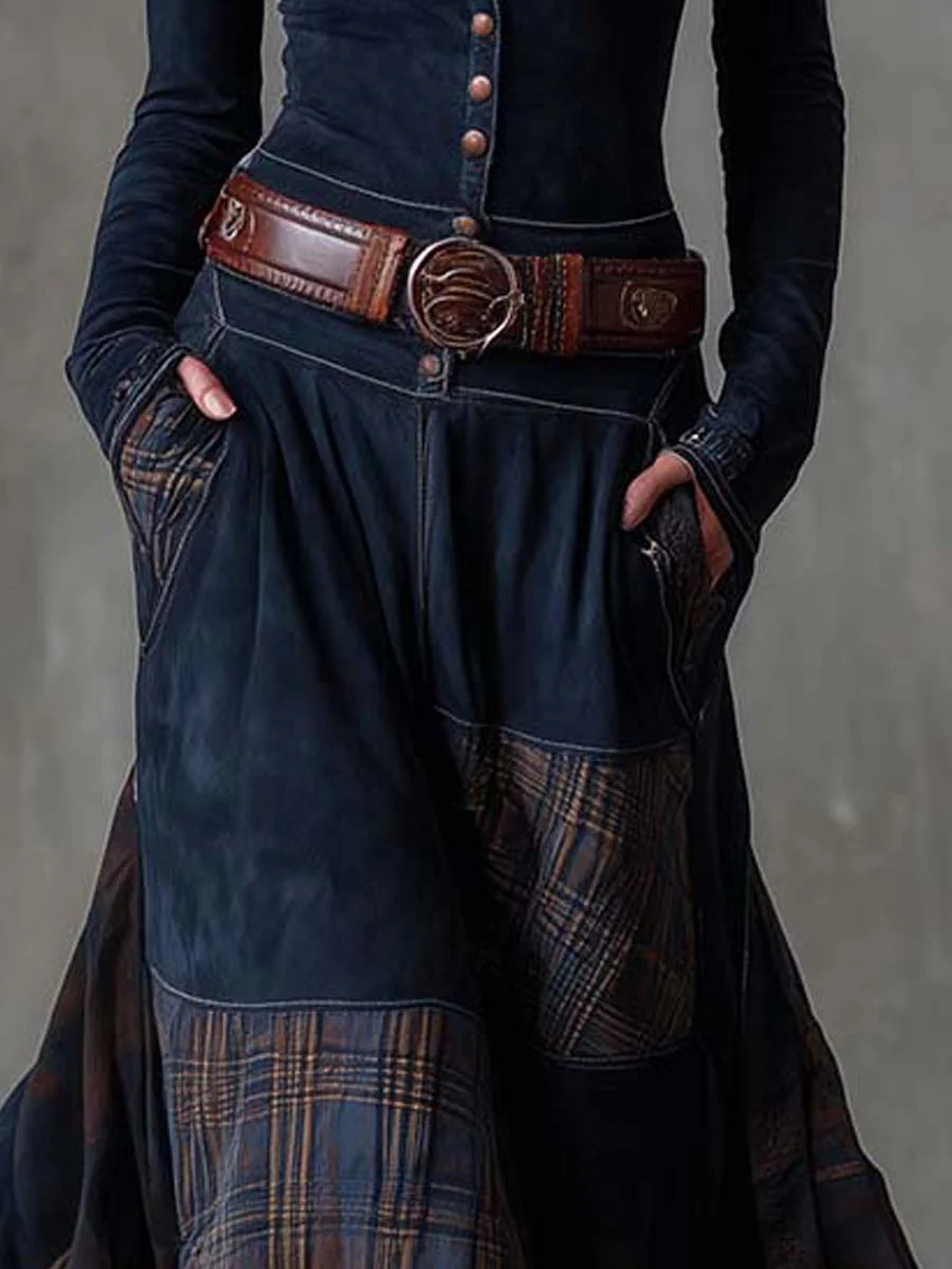 Sarah | Vintage Navy Blue Plaid Suede Maxi Dress (Includes Belt)
